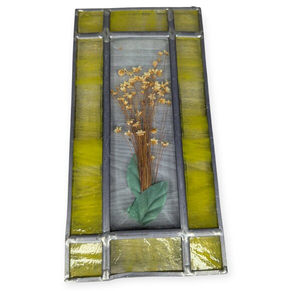 Rectangular Stained Leaded Glass Panel with Dried Floral Accent 8" x 4" x 1/2" - Picture 5 of 12